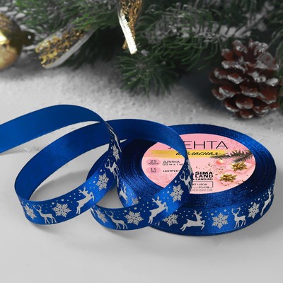 Лента атласная 25мм олени в упряжке №122 синий/тиснение серебро 1м /22,8