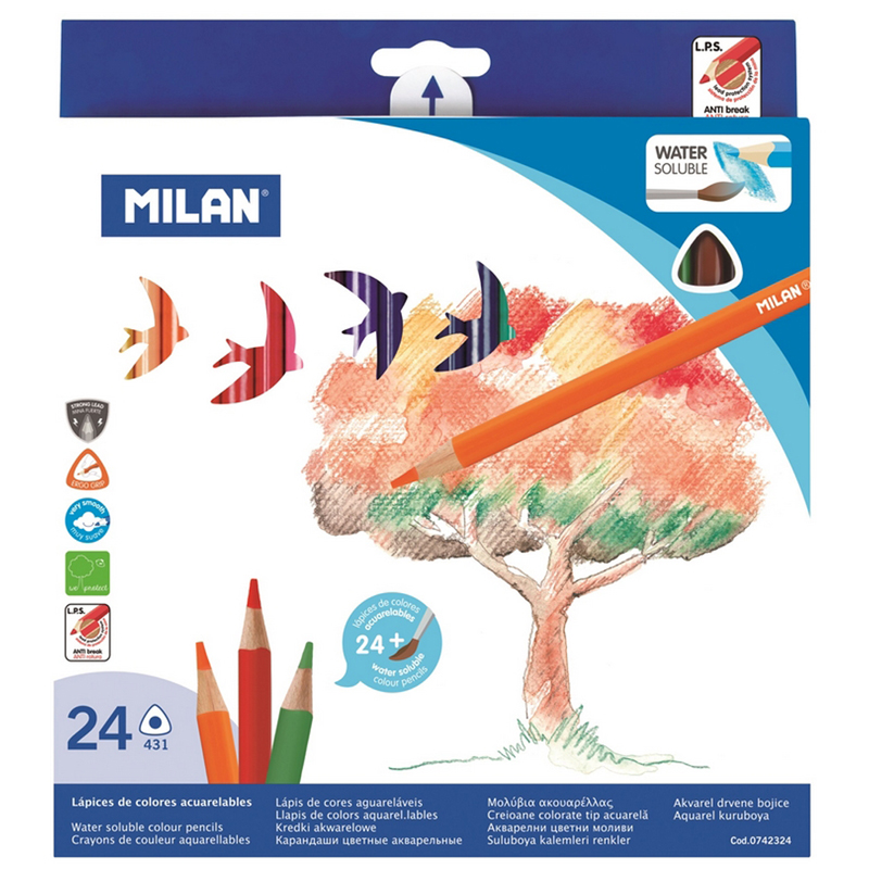 Карандаши акварельные 24цв Milan 24цв+кисть, трехгран., картон, европодвес