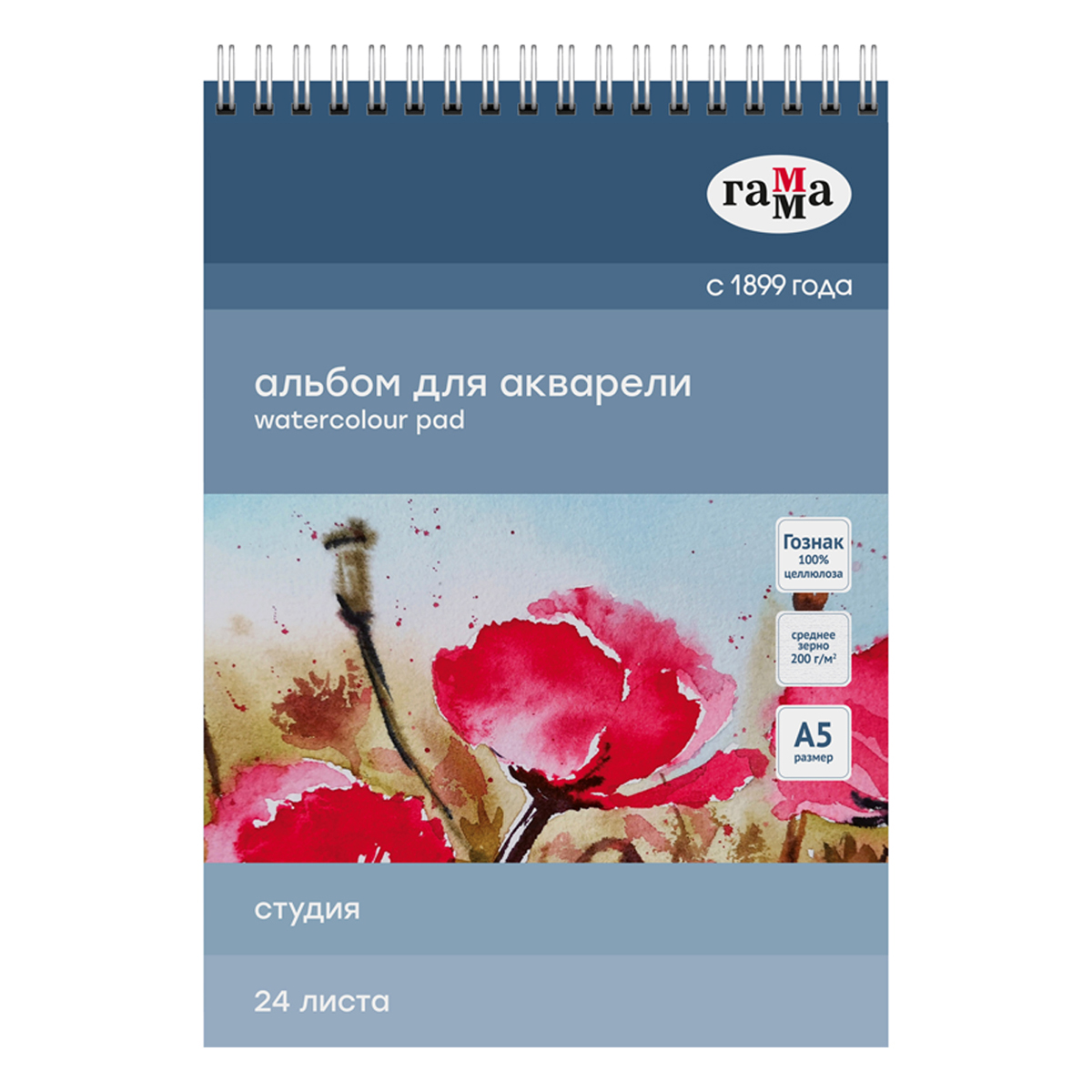 Альбом для акварели, 24л, А5, на спирали Гамма "Студия", 200г/м2, среднее зерно