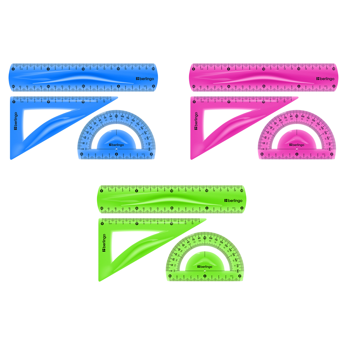 Набор чертежный Berlingo "Flexy" средний (треуг. 2шт, линейка 20см, транспортир), гибкий, ассорти