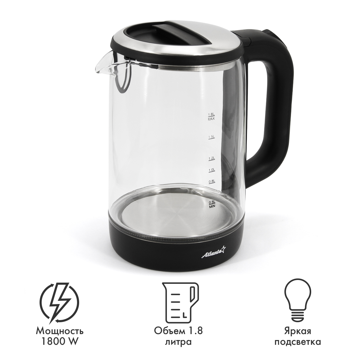 Чайник ATH-2475  стеклянный электрический  (black) 