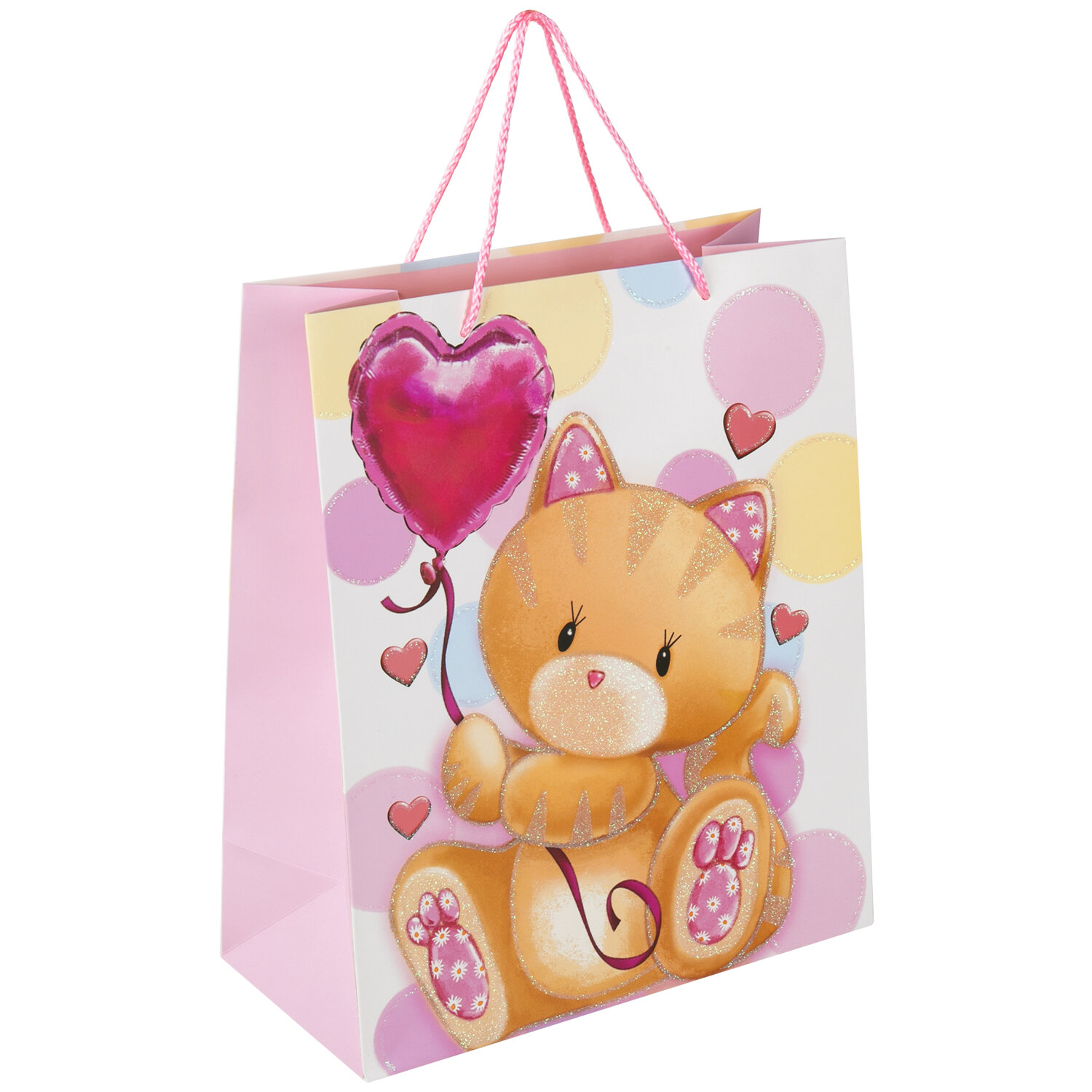 Пакет подарочный (1 штука) 26x13x32 см, ЗОЛОТАЯ СКАЗКА "Lovely Kitty", глиттер, белый/розовый