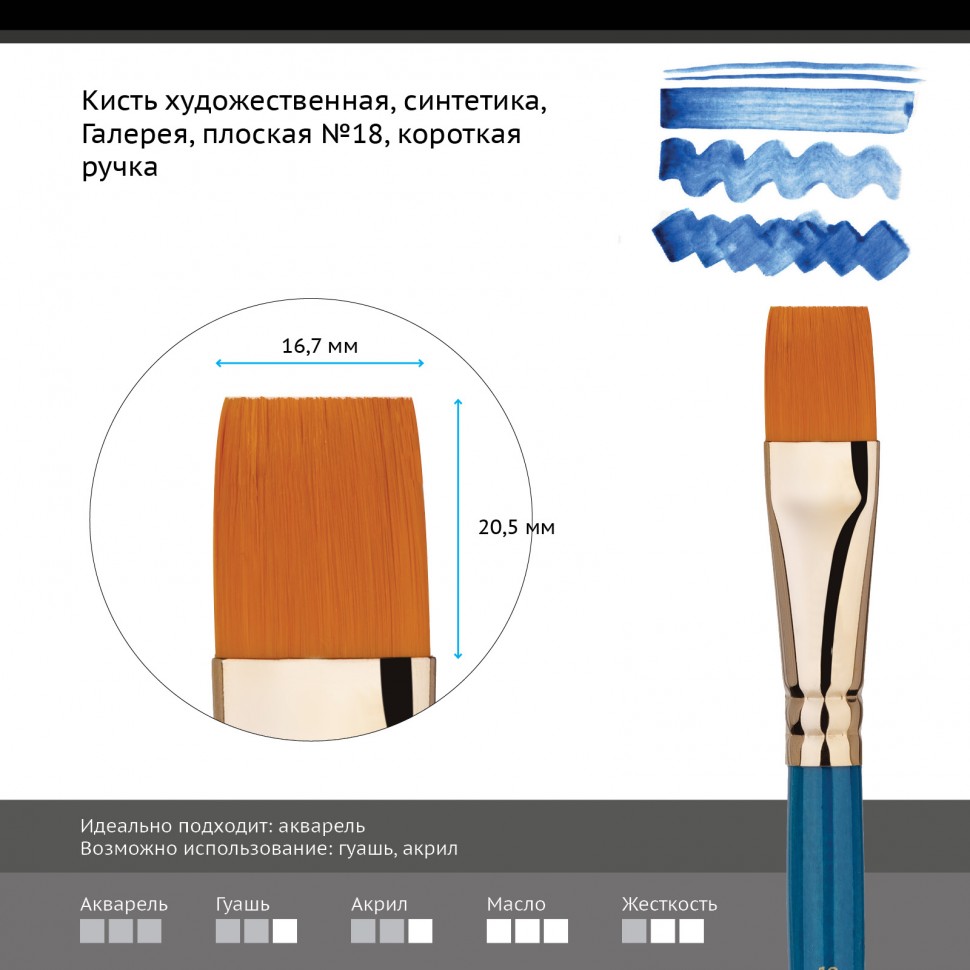 Кисть Синтетика плоская №18 Гамма "Галерея"  короткая ручка художественная