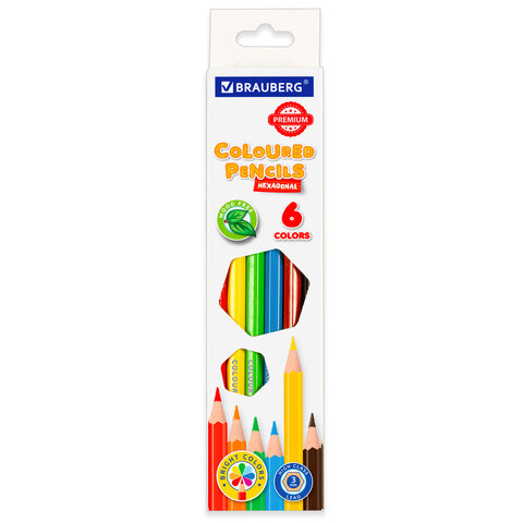 Карандаши _6цв пластиковые BRAUBERG PREMIUM шестигранные, грифель мягкий 3 мм