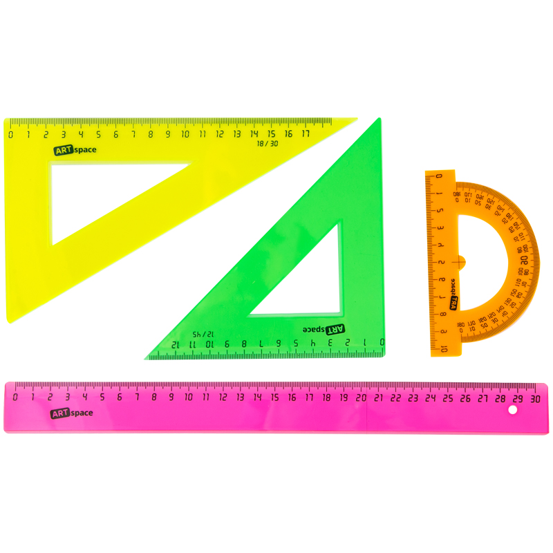 Набор чертежный ArtSpace (треуг 2шт, линейка 30см, транспортир)  прозр., флуоресц
