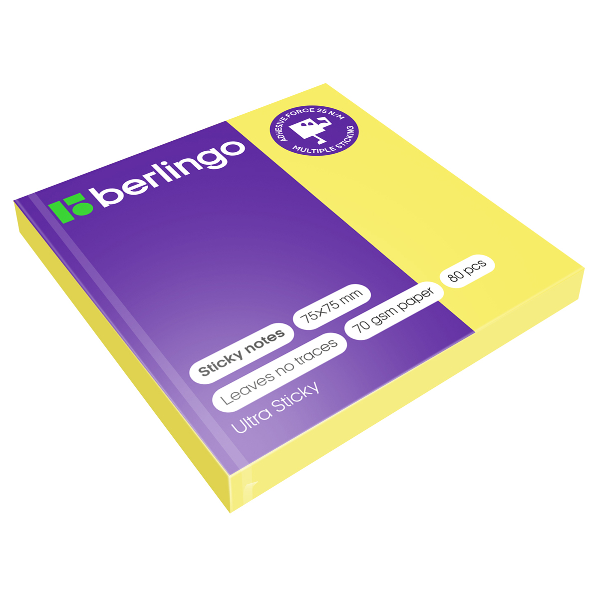 Бумага с липким краем 75*75мм Berlingo Ultra Sticky 80л неон Желтая
