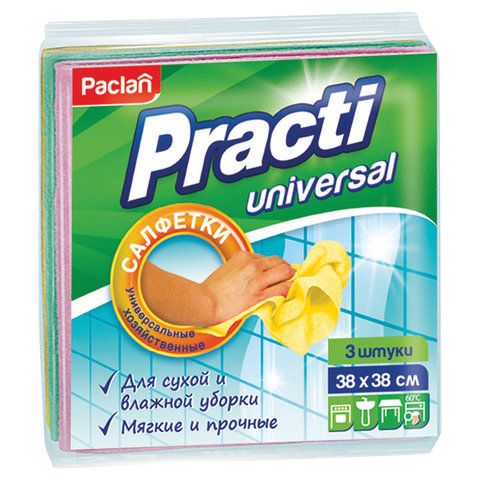 Салфетки универсальные, 38х38 см, КОМПЛЕКТ 3 шт., 110 г/м2, вискоза, PACLAN "Practi Universal",