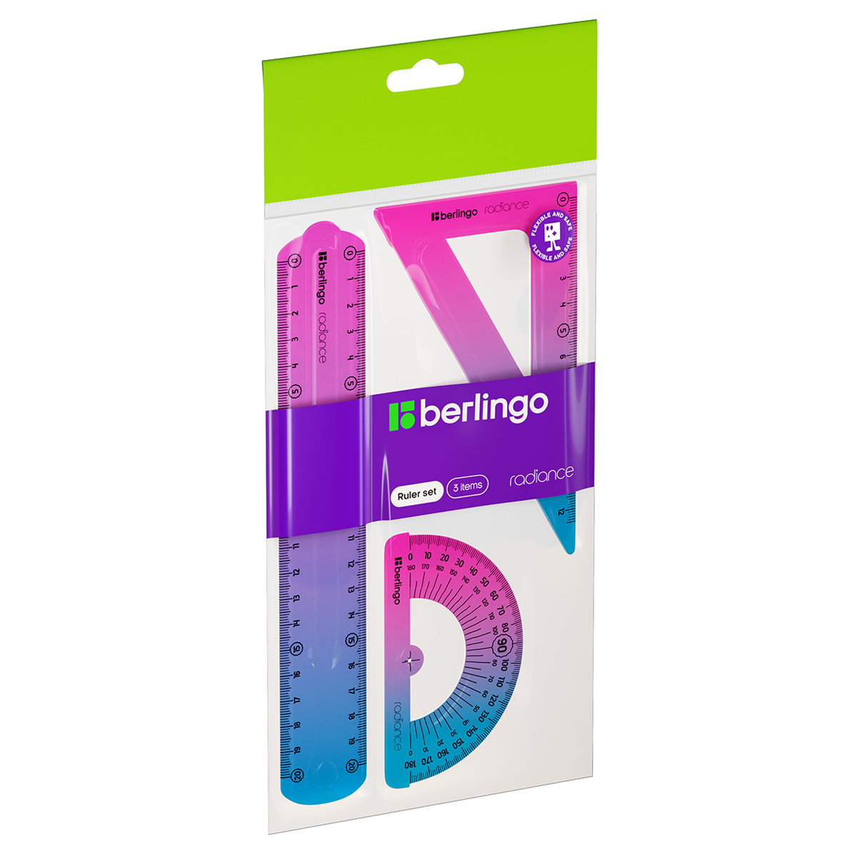 Набор чертежный средний Berlingo "Radiance" (треуг.14см, линейка 20см, трансп.) гибкий, розовый/голу
