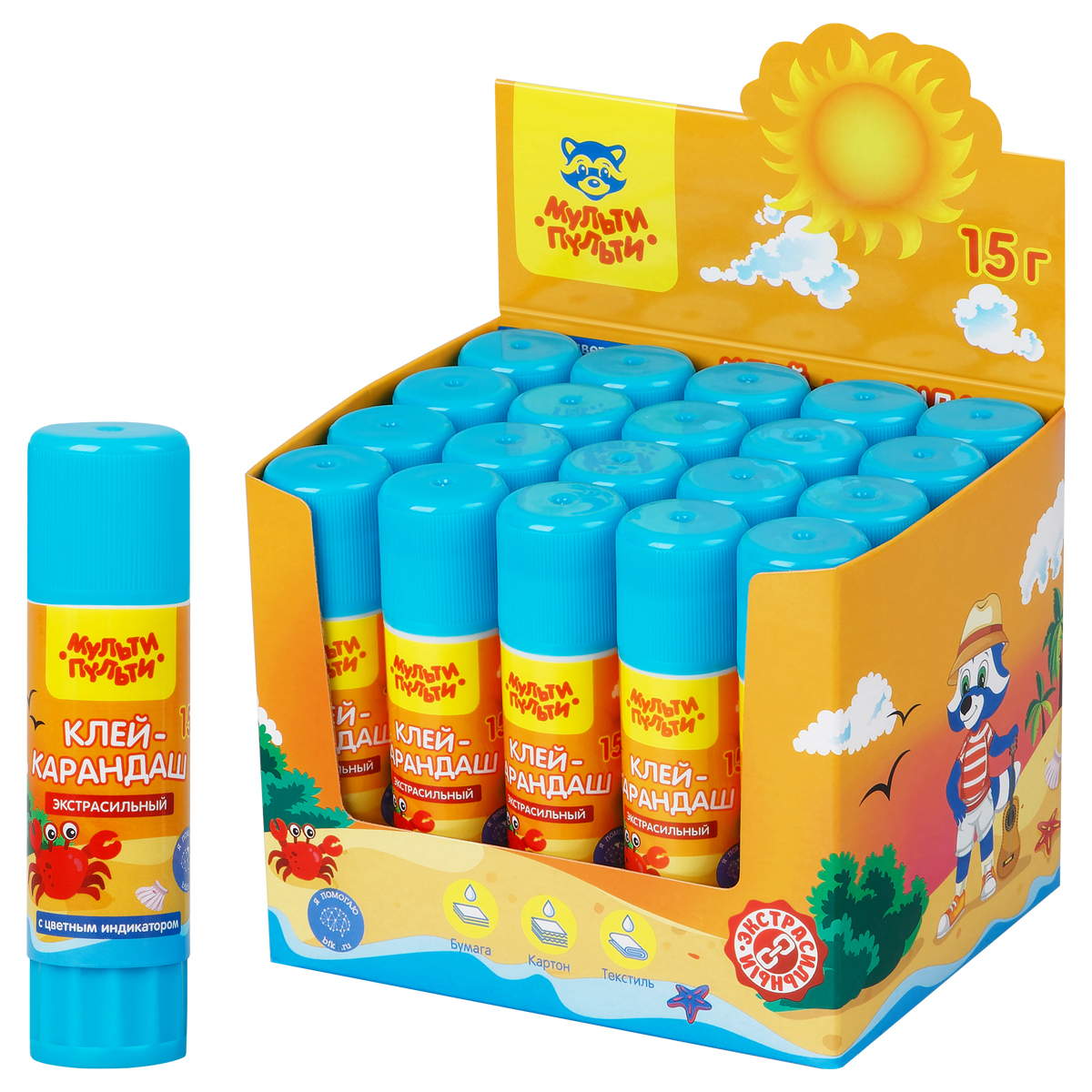 Клей-карандаш 15г Мульти-Пульти "Енот на Кубе",  с синим индикатором, экстра, ПВП
