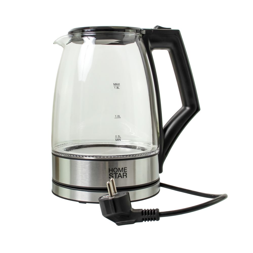 Чайник (стекло) HomeStar HS-1004, мощность 1500Вт, объем 1.8 л, черный