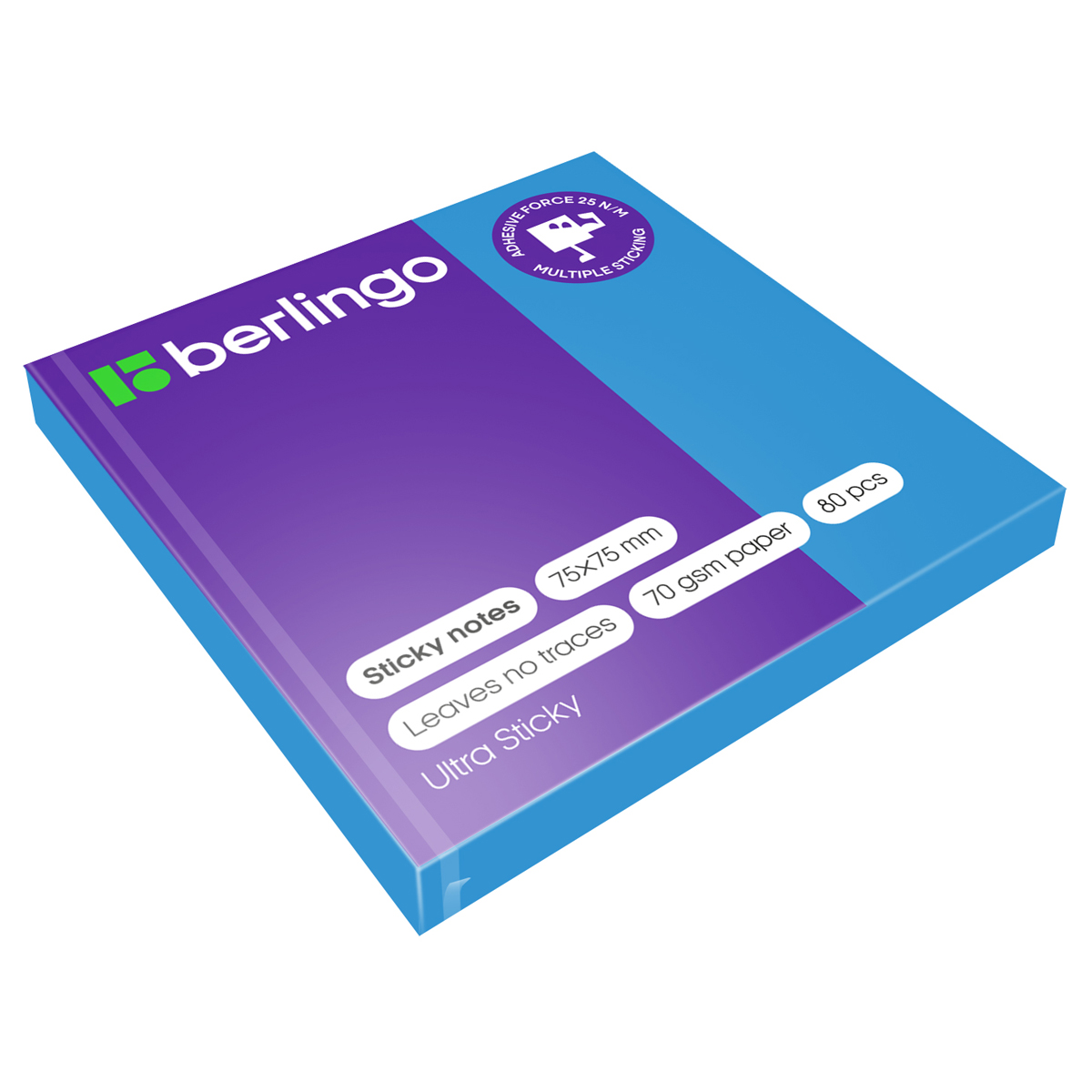 Бумага с липким краем 75*75мм Синяя неон BERLINGO Ultra Sticky 80л 