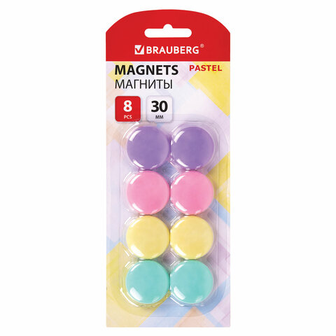 Магниты 30 мм, НАБОР 8 шт., BRAUBERG "PASTEL", блистер