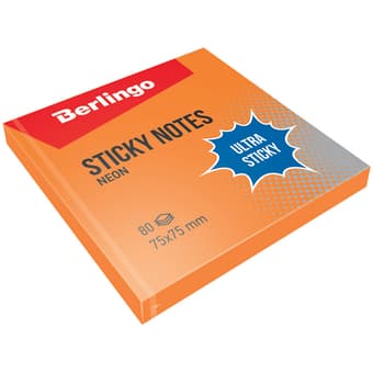 Бумага с липким краем 75*75мм Оранжевая неон BERLINGO Ultra Sticky 80л