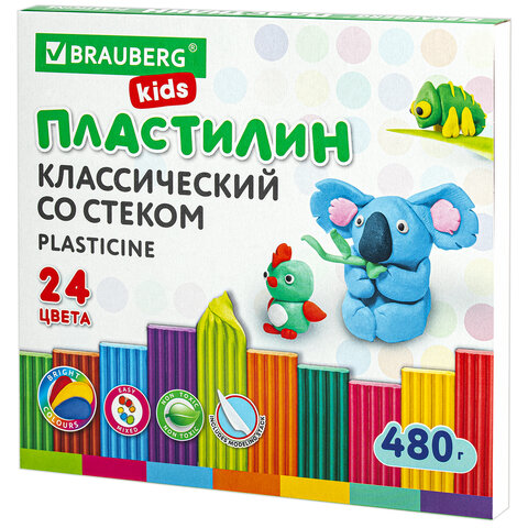 Пластилин 24цв BRAUBERG KIDS 480 грамм, стек, ВЫСШЕЕ КАЧЕСТВО