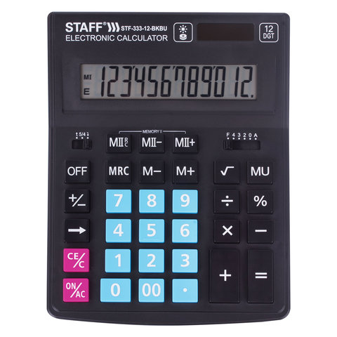 Калькулятор настольный STAFF PLUS STF-333-BKBU (200x154 мм) 12 разрядов, ЧЕРНО-СИНИЙ