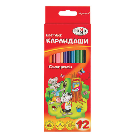 Карандаши цветные Гамма "Мультики", 12цв., трехгранные, заточен., картон. упак., европодвес