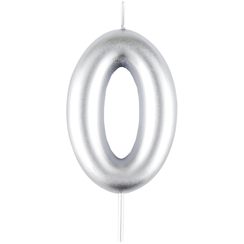 Свеча цифра 0 MESHU 6см, серебряная, блистер с держателем 