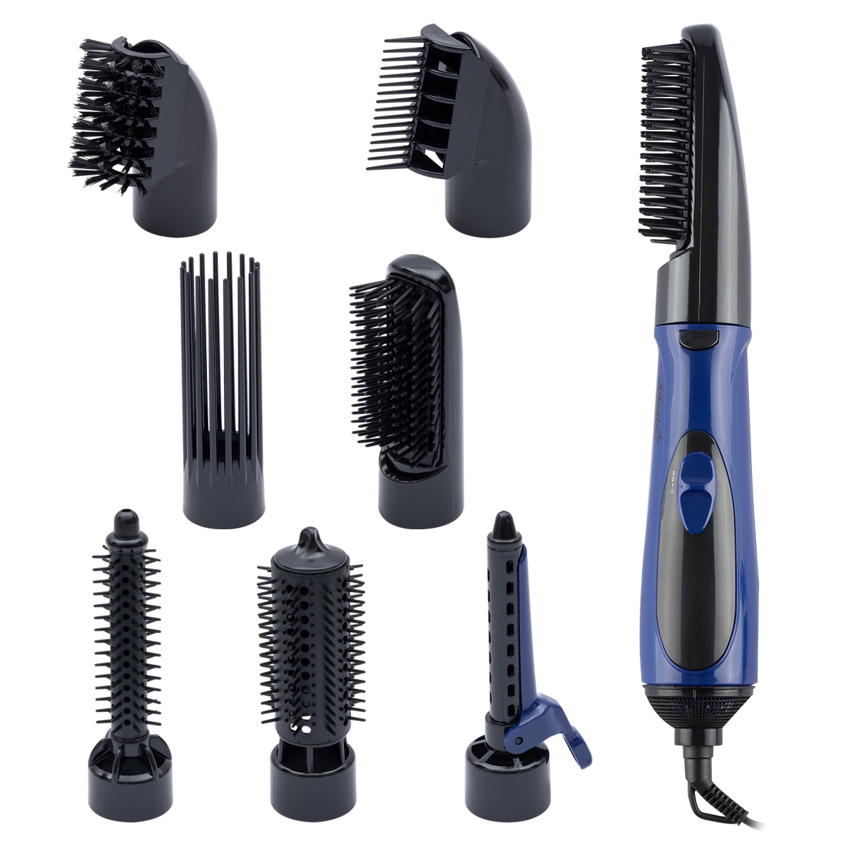 Фен АТН-887 синий (с насадками), Мощность 650 Вт, три уровня мощности, семь насадок