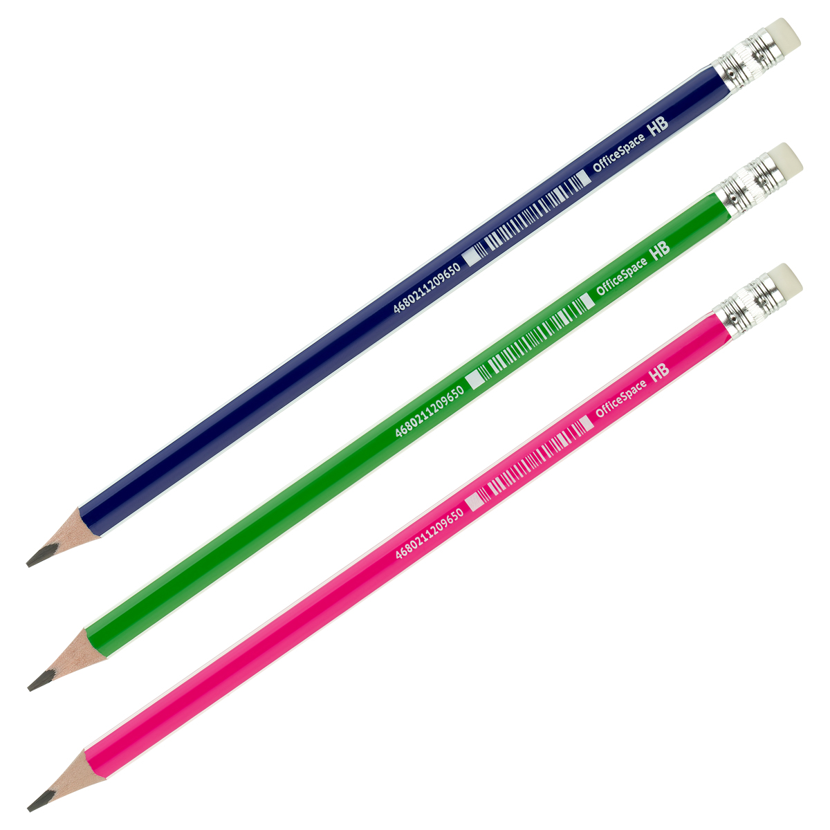 Карандаш ч/графит OfficeSpace HB  корпус ассорти, с ластиком, заточ 1/12
