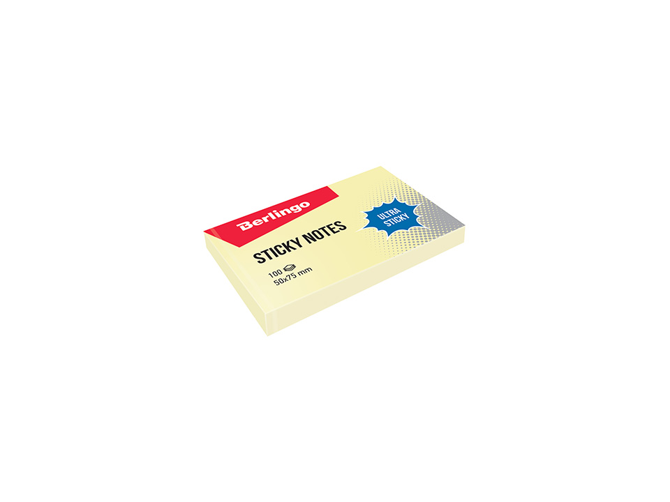 Бумага с липким краем 50*75мм Berlingo "Ultra Sticky" 100л, пастель, желтый LSn_39400