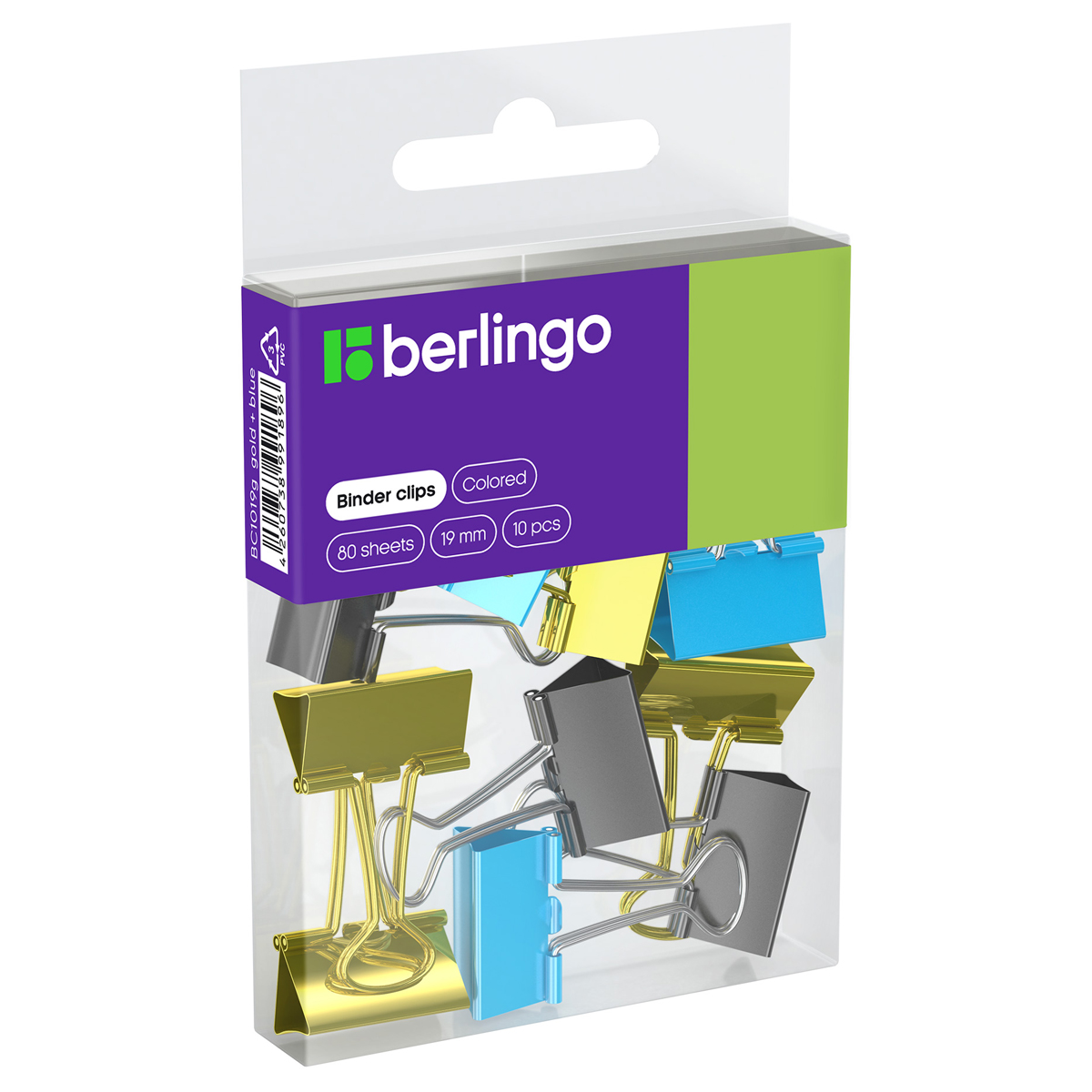 Зажим для бумаг 19мм, Berlingo 10шт, цветные, ПВХ упак., европодвес, голубой+золотой