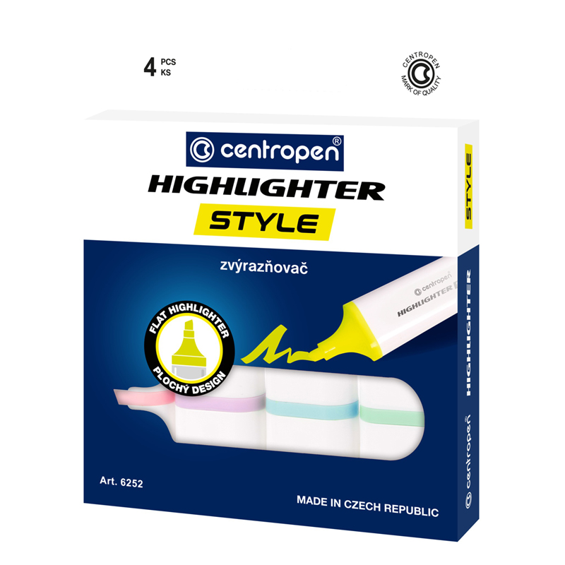 Набор текстовыделителей 4цв Centropen Style "6252" пастельные 1-4,6мм, белый корпус, европодве