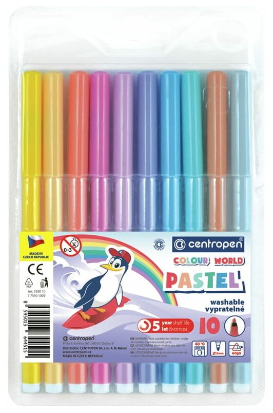 Фломастеры 10цв CENTROPEN "Colour World Pastel", пастельные смываемые
