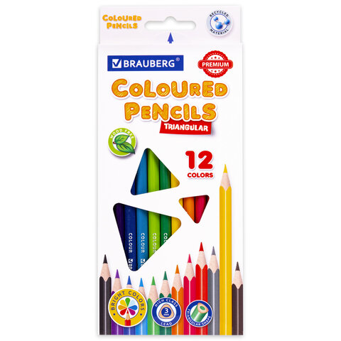 Карандаши 12цв пластиковые BRAUBERG PREMIUM трехгранные, грифель мягкий 3 мм
