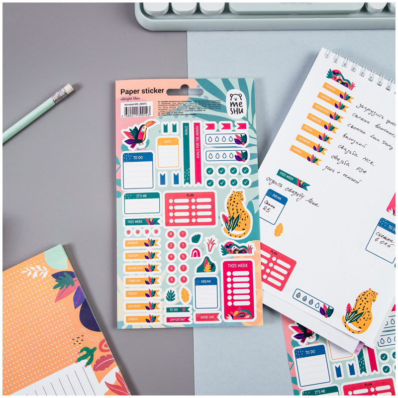 Наклейки бумажные для ежедневников MESHU "Bright life", 12*21см, 55 наклеек, европодвес
