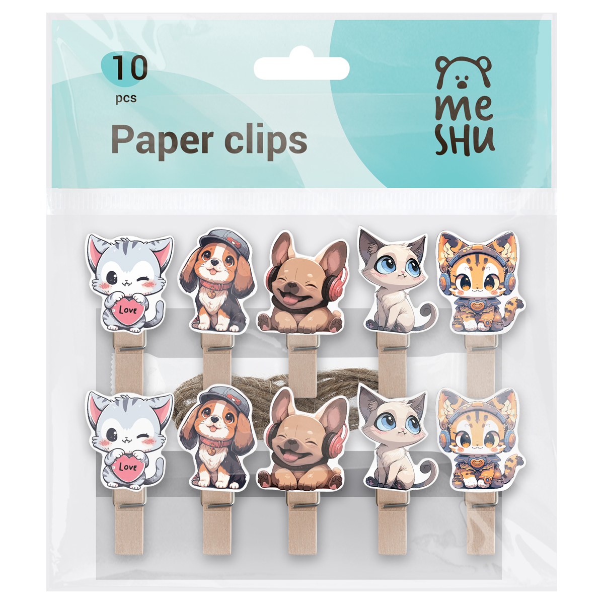 Прищепка 7мм MESHU "Cute pets"  деревянная ассорти, опп пакет с европодвесо 1/10