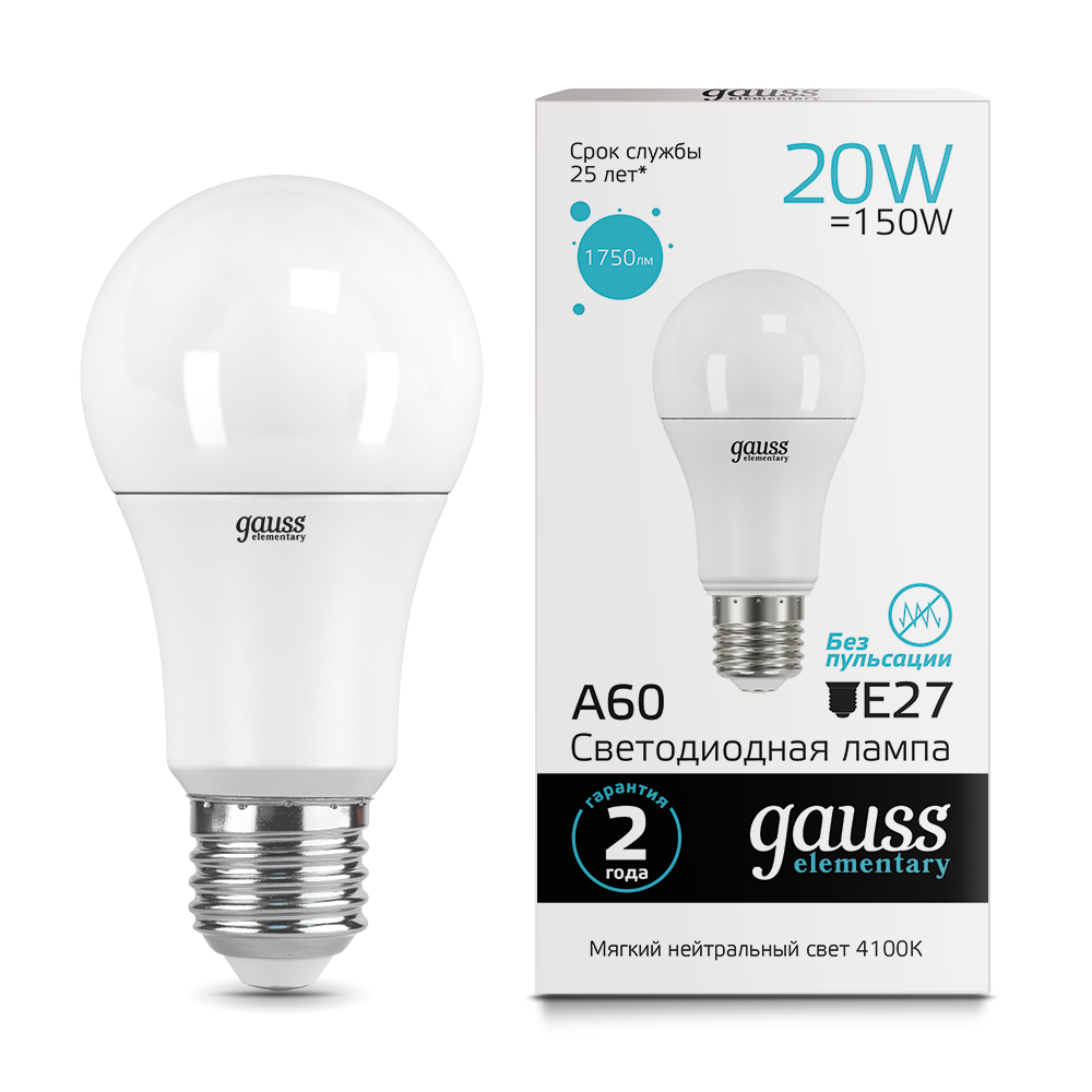 Лампа Gauss LED Elementary A60 20W E27 4100K 1/10/40