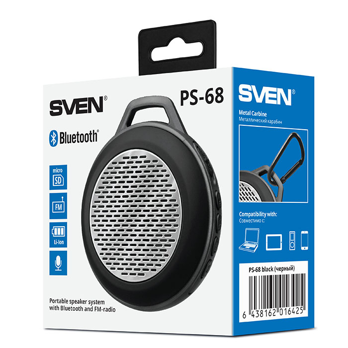 Колонка Sven PS-68 встр.аккумулятор 300мА*ч, Bluetooth, FM-тюнер, microSD, мощн