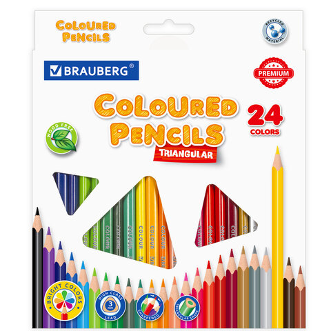 Карандаши 24цв пластиковые BRAUBERG PREMIUM трехгранные, грифель мягкий 3 мм