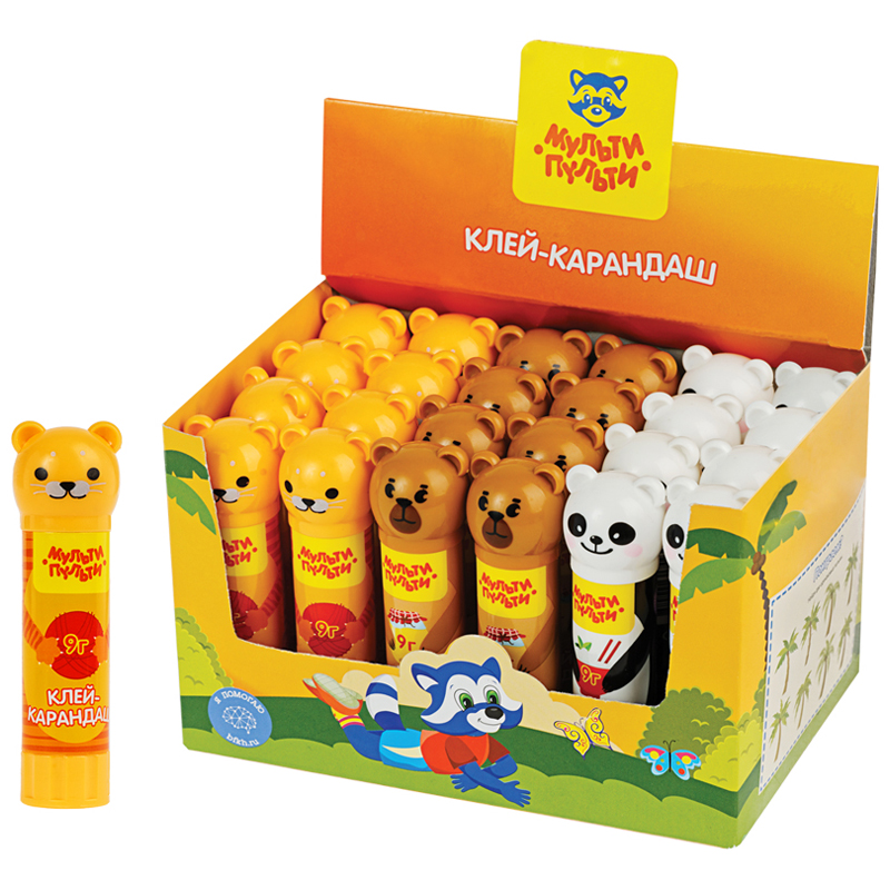 Клей-карандаш _9г Мульти-Пульти "Зверята: Кот, Мишка, Панда", , колпачок в форме животного