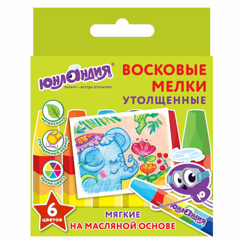 Мелки восковые _6цв ЮНЛАНДИЯ Юнландик и Индийский слон, на масл. основе