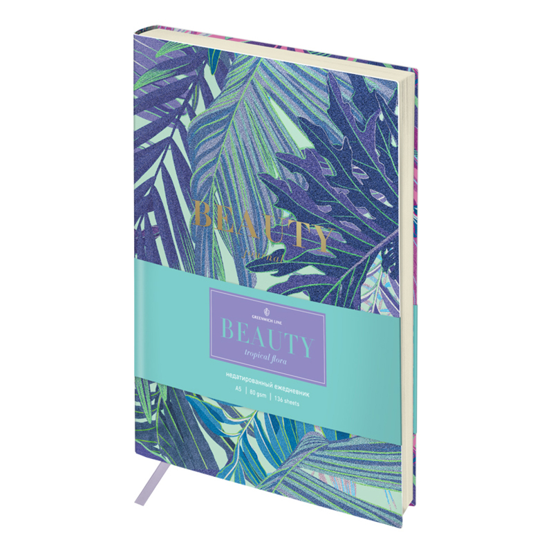 Ежедневник недатированный А5, 136л., кожзам, Greenwich Line "Beauty. Tropical flora", тон. блок