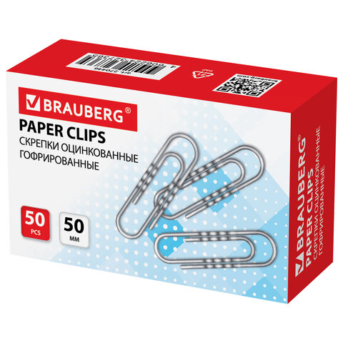 Скрепки большие 50 мм, BRAUBERG, оцинкованные, гофрированные, 50 шт., в картонной коробке, 