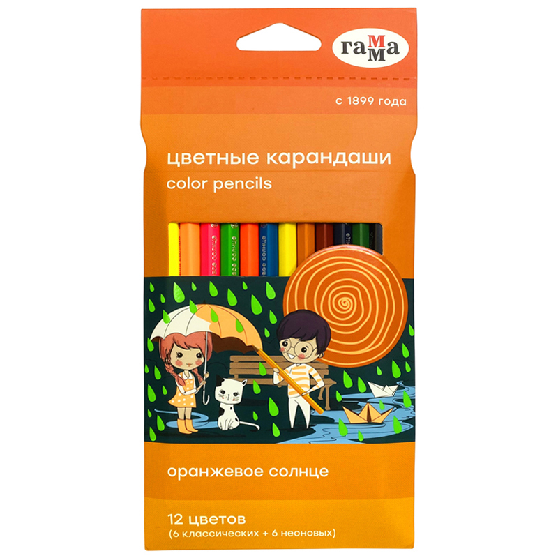 Карандаши 12цв Гамма "Оранжевое солнце" (6 классич. + 6 неон.), заточен., картон, европод