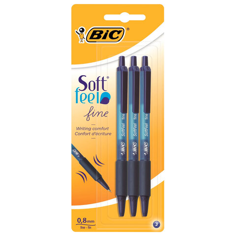 Ручки шариковые автоматические с грипом BIC "Soft Feel Fine", НАБОР 3 шт., линия письма 0,8 мм, блис