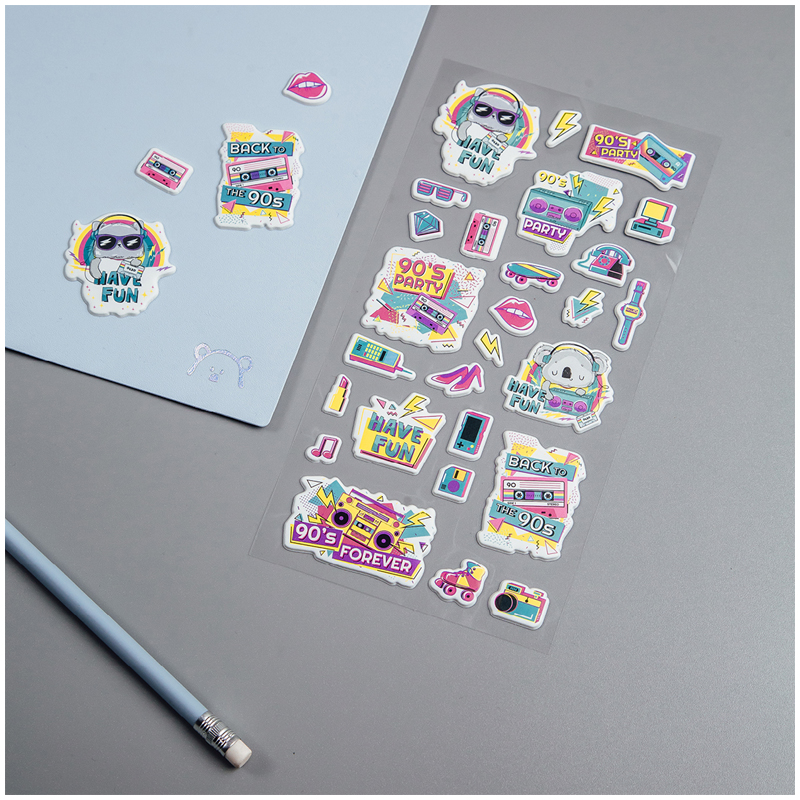 Наклейки объемные MESHU "90 s party", 10*24см, 27 наклеек, инд. уп., европодвес