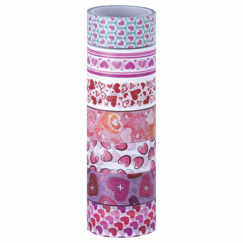 Клейкие WASHI-ленты для декора "СЕРДЦА", 15 мм х 3 м, 7 цветов, рисовая бумага, ОСТРОВ СОКРОВИЩ