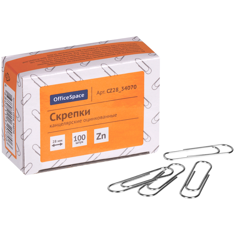 Скрепки 28мм*100шт OfficeSpace оцинкованные