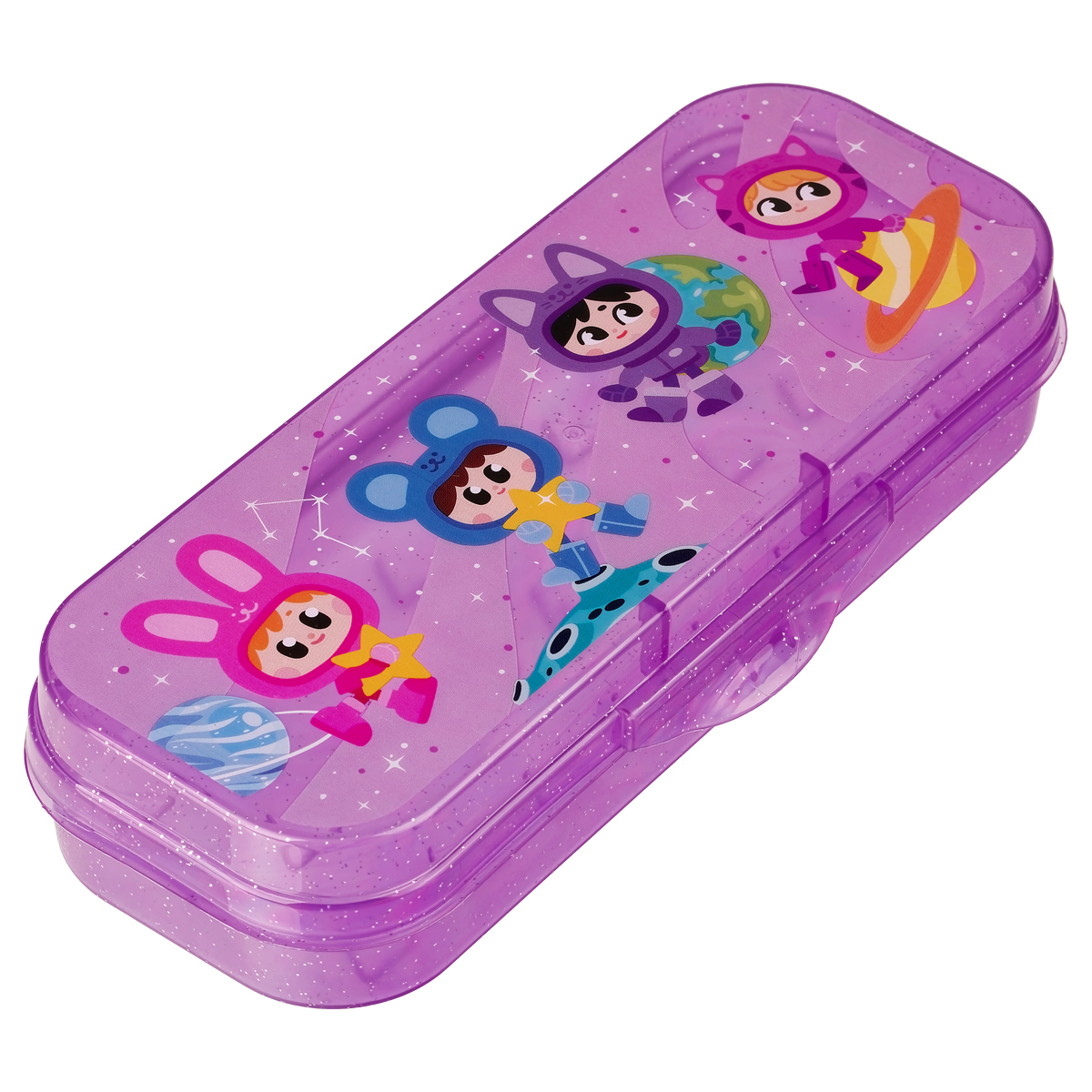 Пенал-футляр, 215*90*43 СТАММ "Звездочки" тонированный фиолетовый с блестками