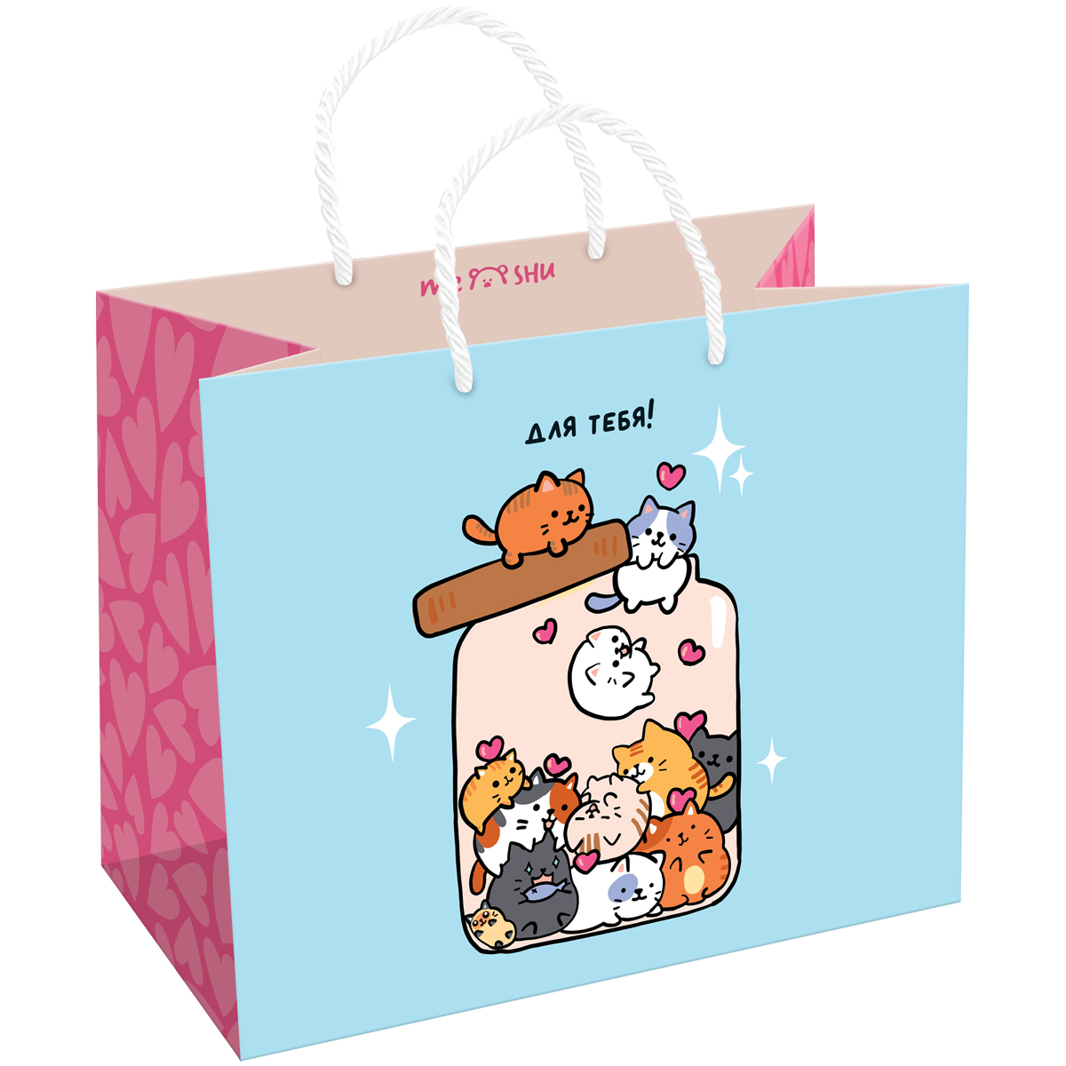 Пакет подарочный 23*18*10см MESHU "Kitty sparkles", выборочный лак, блестки матовая ламинация