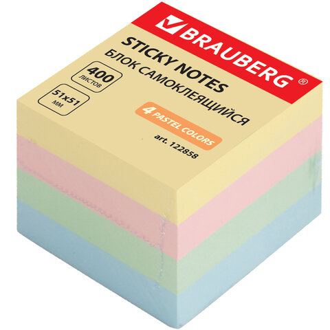 Блок самоклеящийся (стикеры), BRAUBERG, ПАСТЕЛЬНЫЙ, 51х51 мм, 400 листов, 4 цвета