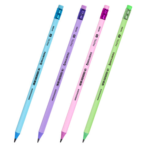 Карандаш чернографитный BRAUBERG "PASTEL", 1 шт., HB, трехгранный, с ластиком, 