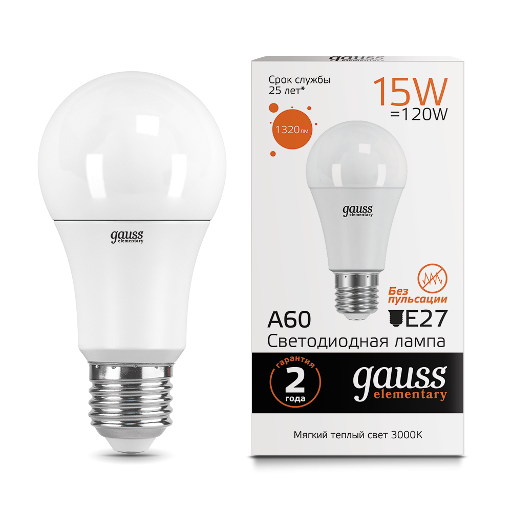 Лампа Gauss LED Elementary A60 15W E27 2700K 1/10/40