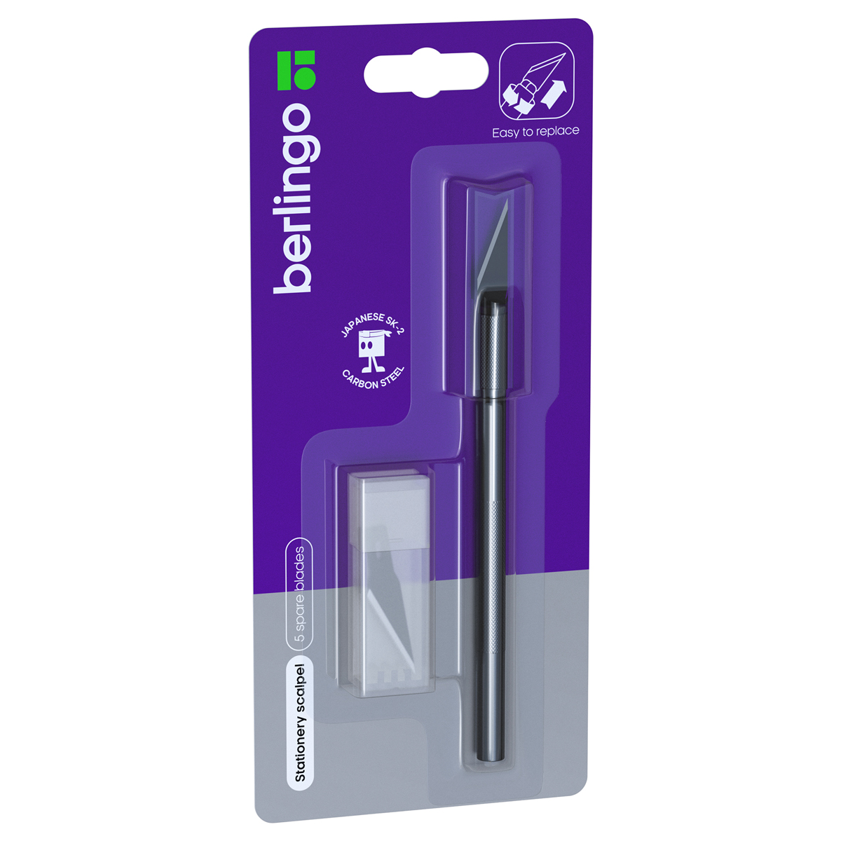 Нож-скальпель Berlingo метал. корпус, черного цвета + 5 запасных лезвий, блистер