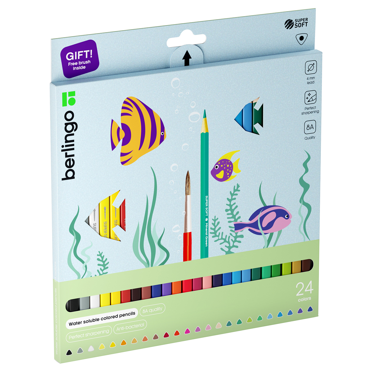 Карандаши акварельные 24цв BERLINGO SuperSoft. Рыбки, с кисточкой