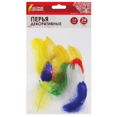 Перья декоративные Остров сокровищ. Карнавальные 5-8см 24шт 6цв. Яркие